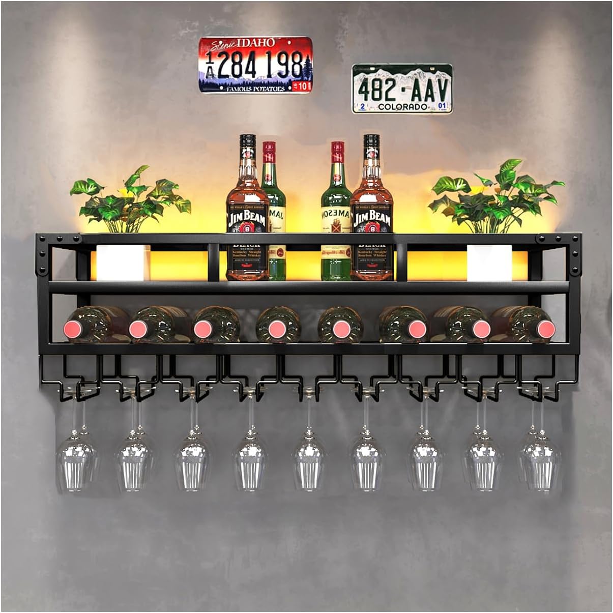 Pengfei LED Wine Rack Wall Mounted, Industrial Metal Wall Wine Shelf & Glass Holder, Large Floating Shelves Wine Bottle Storage Display Rack for Home Bar Dining Room Decor