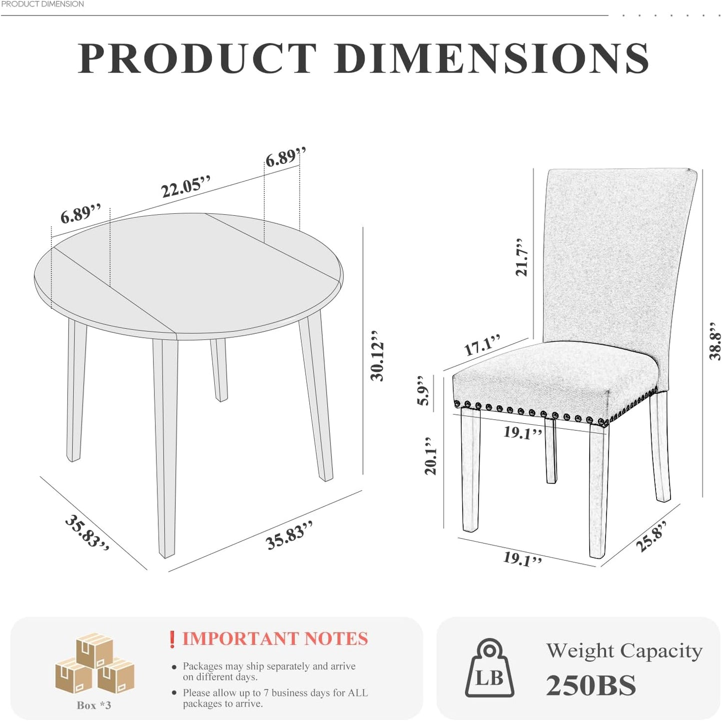 COLAMY 5-Piece Extendable Dining Table Set for 4, 36" Kitchen Round Wood Table with 4 Nailhead Dining Room Chairs,Light Brown/Light Brown