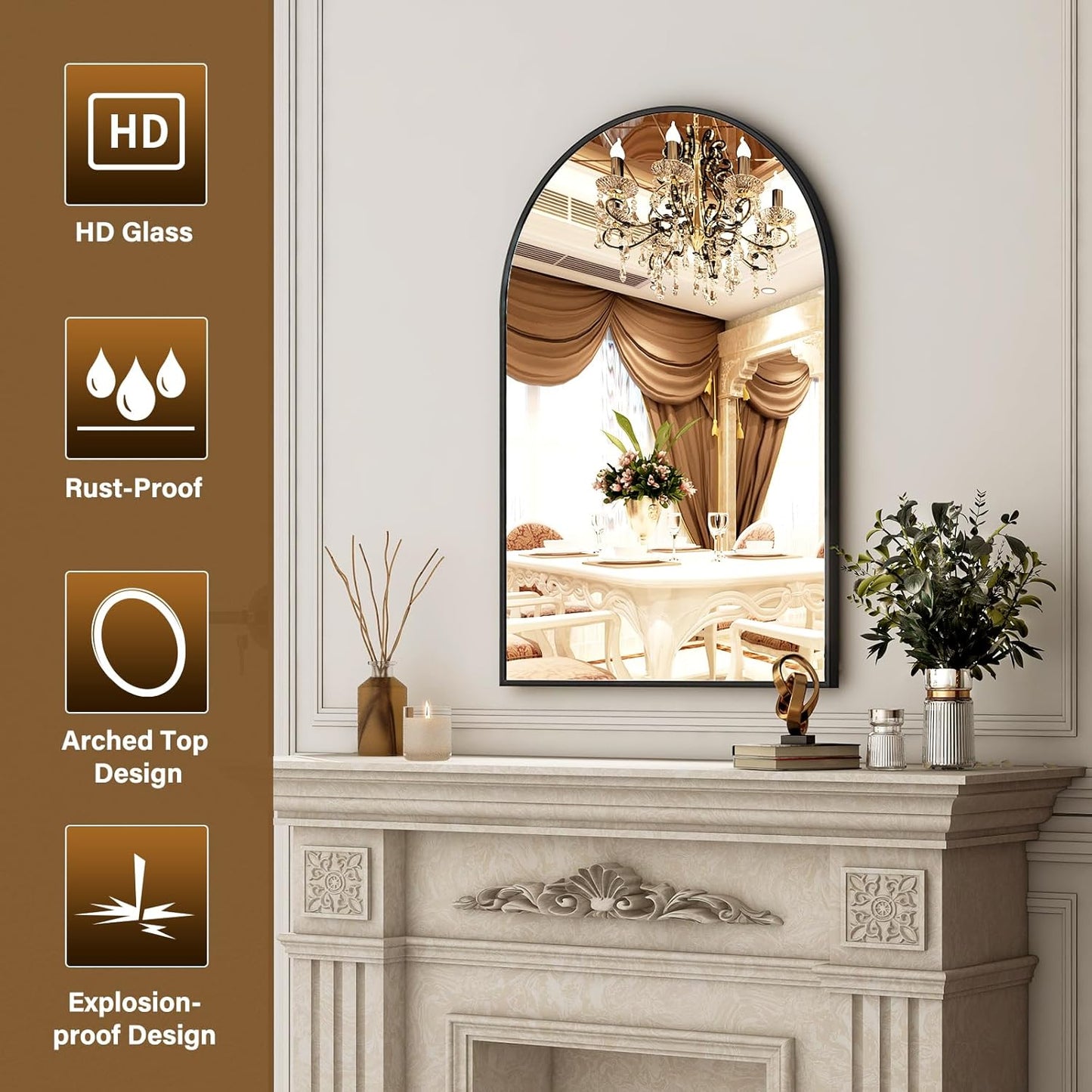 24"x36" Black Arched Bathroom Mirror - Wall Mirror for Bathroom, Metal Frame Vanity Mirror, Dresser Mirror, Arch Decorative Mirrors for Living Room, Bedroom, Entryway, Mantle