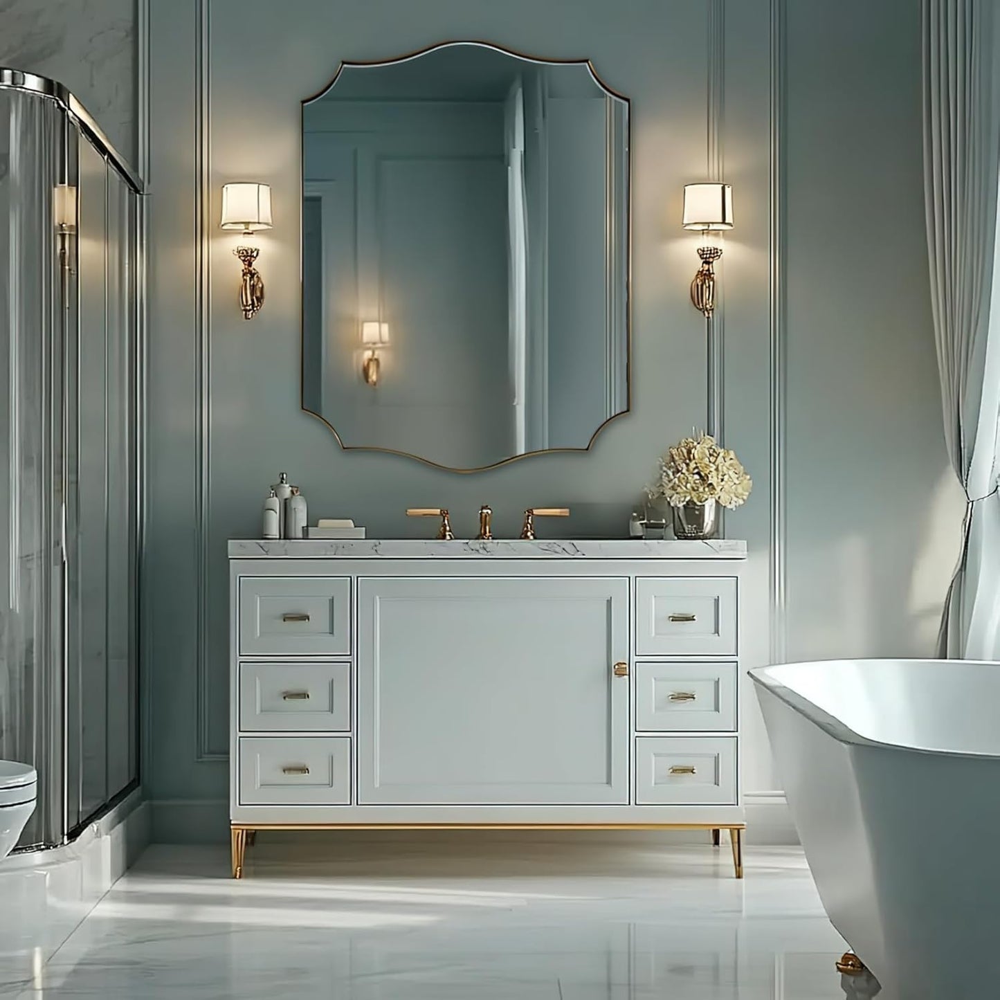 ANDY STAR 30"x40" Brushed Gold Bathroom Mirror, Large Rectangle Scalloped Mirror, Antique Brass Mirror in Rust-Proof Stainless Steel 1" Frame, Unique Wavy Design, Ideal for Home Remodel