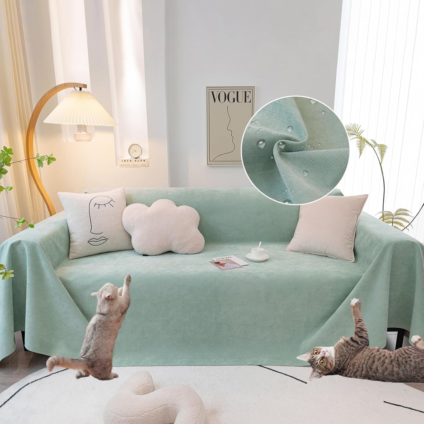 STACYPIK 100% Waterproof Sea Green Sofa Covers, Couch Cover for Sectional, Anti-Cat Scratch Furniture Protector, Washable Jacquard Sofa Cover for Dogs, Kids, Wear Resistant Sofa Slipcover-71X102IN