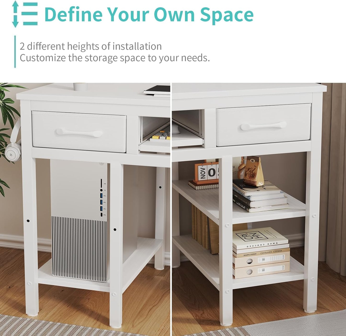 Lufeiya White Desk with Keyboard Tray Slide Out, 47 Inch Home Office Computer Desks with Fabric Drawers & Storage Shelves, Modern Simple Study Writing Table PC Desks for Bedroom, White