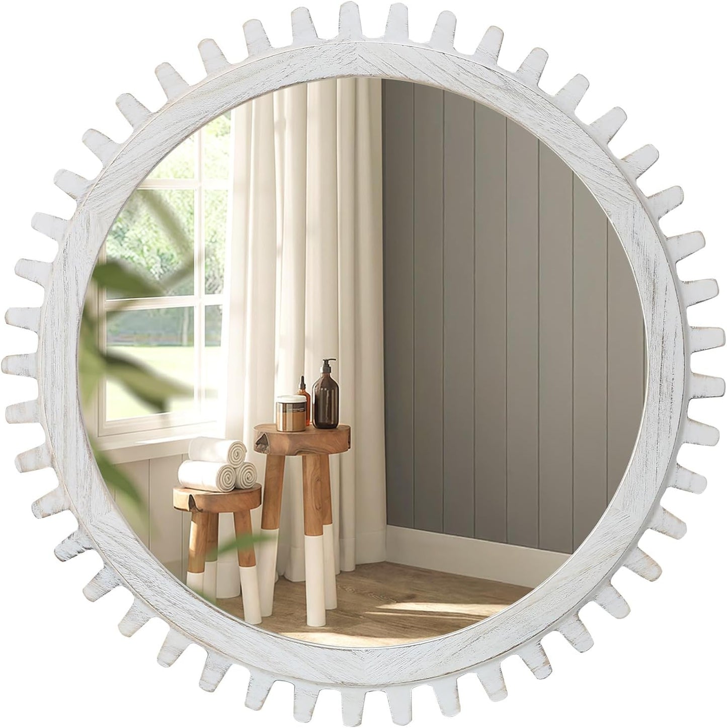 ULIKE Round Wood Mirror, 30 Inch Rustic Farmhouse Circle Mirror with Wooden Frame, Mordern Wall Decor for Bathroom Nursery Bedroom Living Room Entryway, White