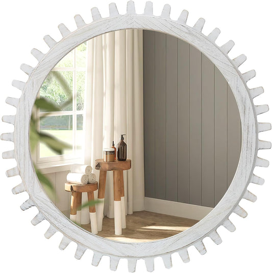 ULIKE Round Wood Mirror, 24 Inch Rustic Farmhouse Circle Mirror with Wooden Frame, Mordern Wall Decor for Bathroom Nursery Bedroom Living Room Entryway, White