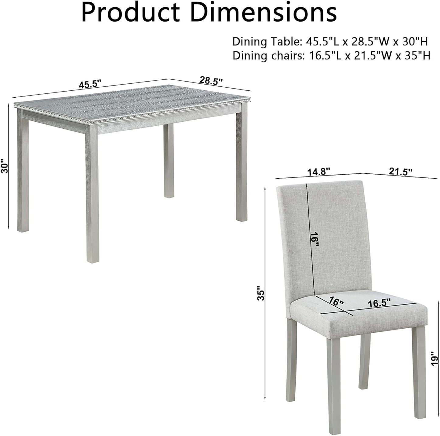 Ball & Cast 5 Piece Dining Table Set,Kitchen Table Set for 4 W/ 45.5" Rectangular Wooden Dining Table,Living Room Furniture W/ 4 Upholstered Chairs,for Dining Room,Kitchen,Silver Grey