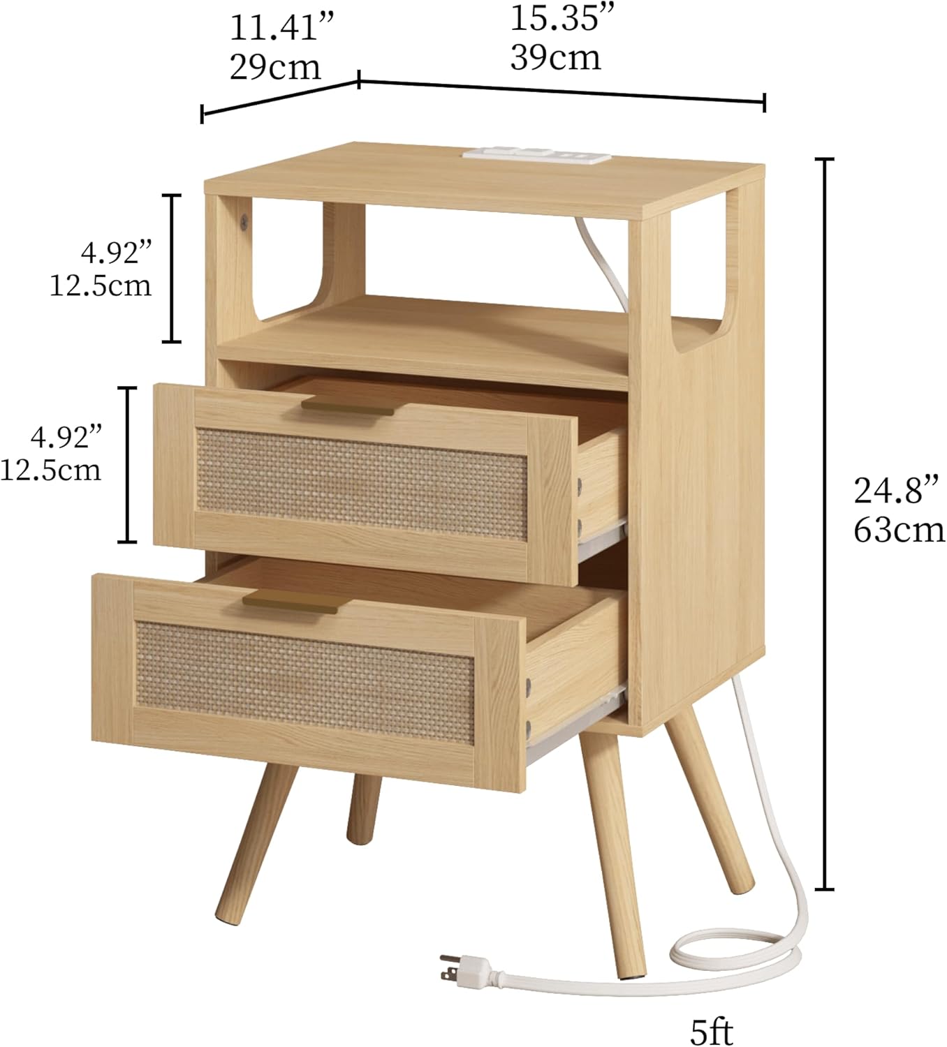 Rattan Nightstand with Charging Station,Farmhouse Bedside Table with 2 Storage Drawer and Open Wood Shelf, for Bedroom and Small Spaces,Night Stand with Solid Wood Legs (Yellow Oak-Outlet)