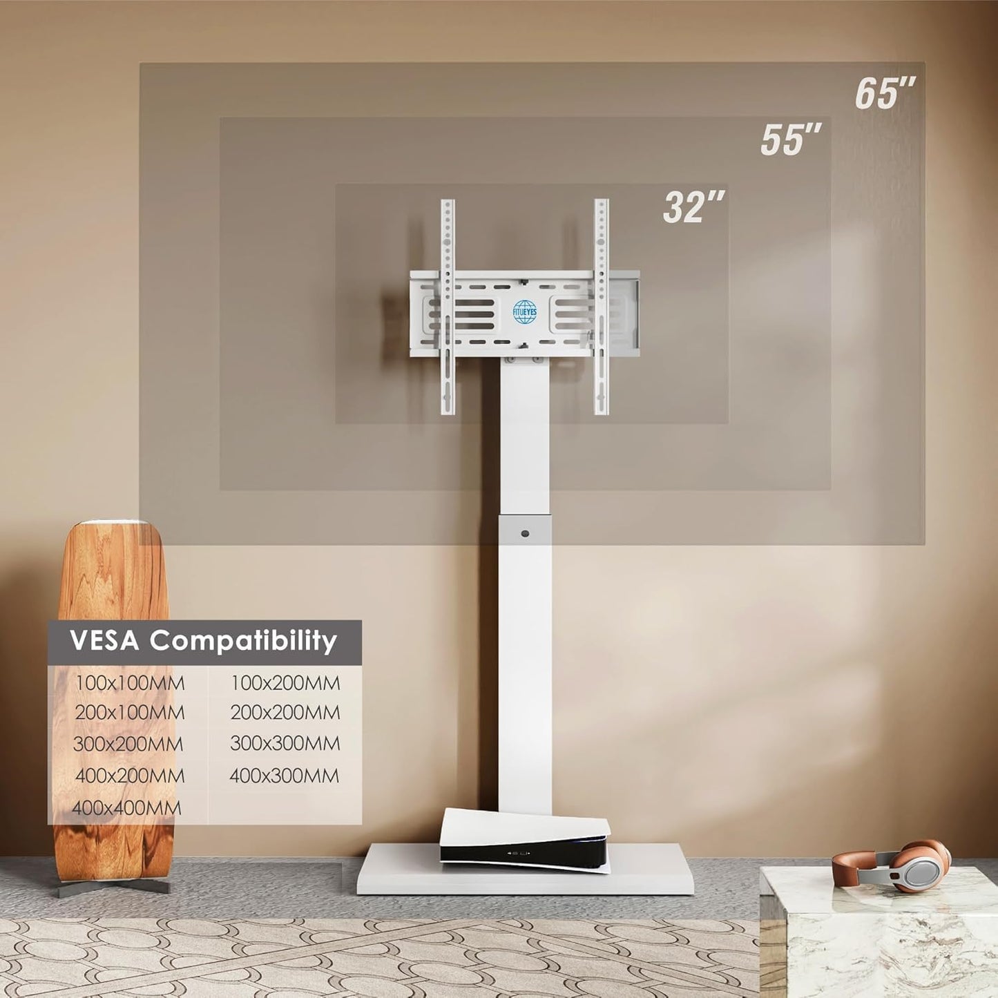 FITUEYES Iron Base Floor TV Stand with 60 Degree Swivel Universal Stand for 32-65 inch TVs up to 88lbs with Height Adjustable Mount and Wire Management