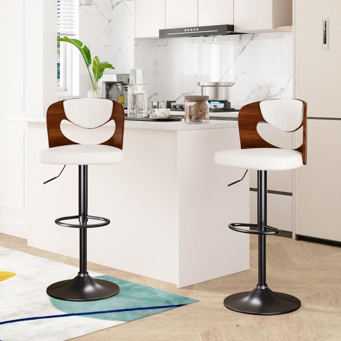 VECELO Bar Stools Set of 2,Kitchen Island Stools with Bentwood Back,Arm&Footrest,Counter Height Stools PU Leather Adjustable Height,Swivel Bar Chairs for Club Pub Dining Room, Ivory White