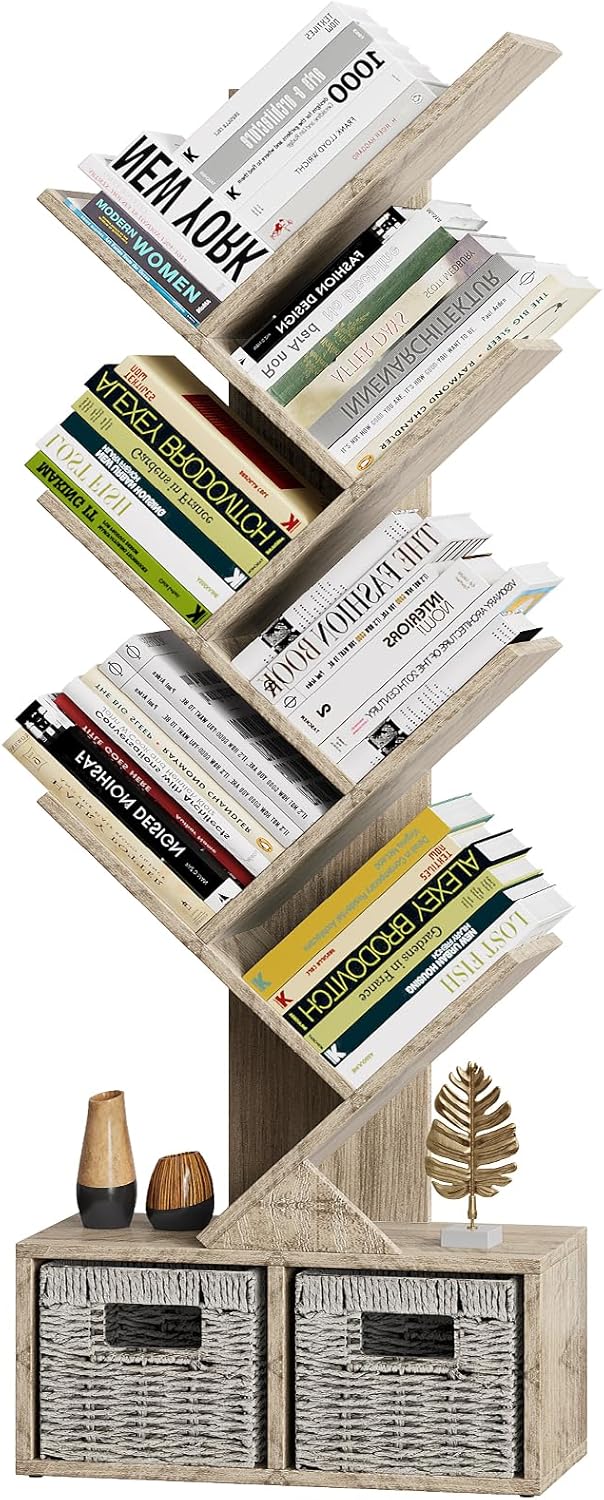 Vagusicc 6 Tier Tree Bookshelf, Small Bookcase with Storage Cabinet, Modern Tall Narrow Bookshelves Organizer, Floor Standing Book Shelf for Bedroom/Living Room/Home Office/Corner, Rustic Greige