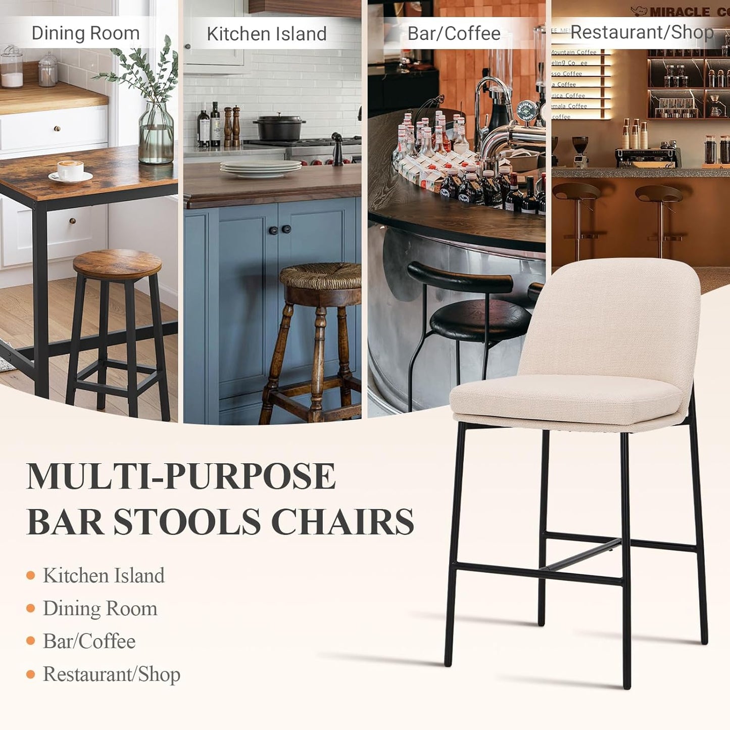 COLAMY Counter Height Bar Stools Set of 6, 25 Inch Modern Fabric Kitchen Island Stools with Back, Upholstered Counter Barstools Armless Bar Chairs with Metal Legs for Island Dining Room Bar, Beige