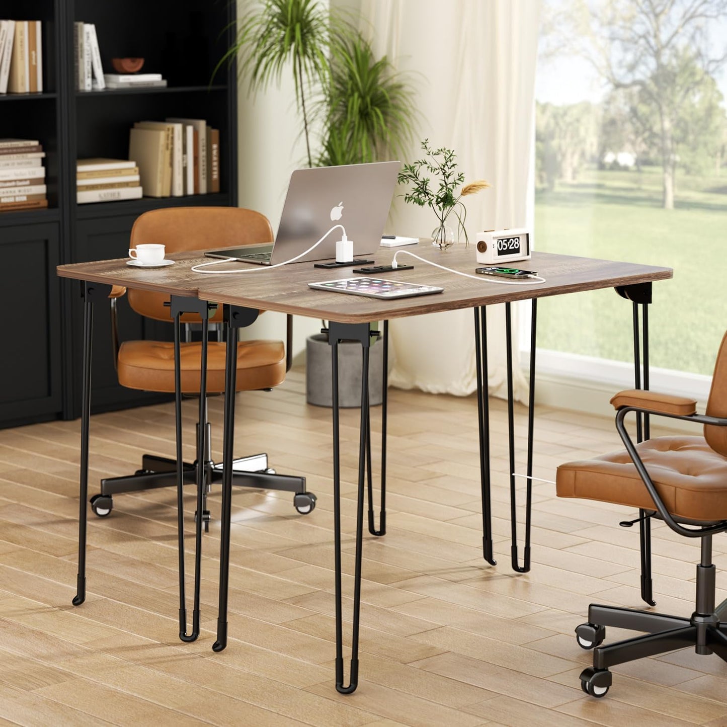 Folding Desk, 31.5" Hairpin Legs Small Desk with Power Strip for Bedroom, Space Saving Foldable Computer Desk for Home Office, No Assembly Need,Light Brown