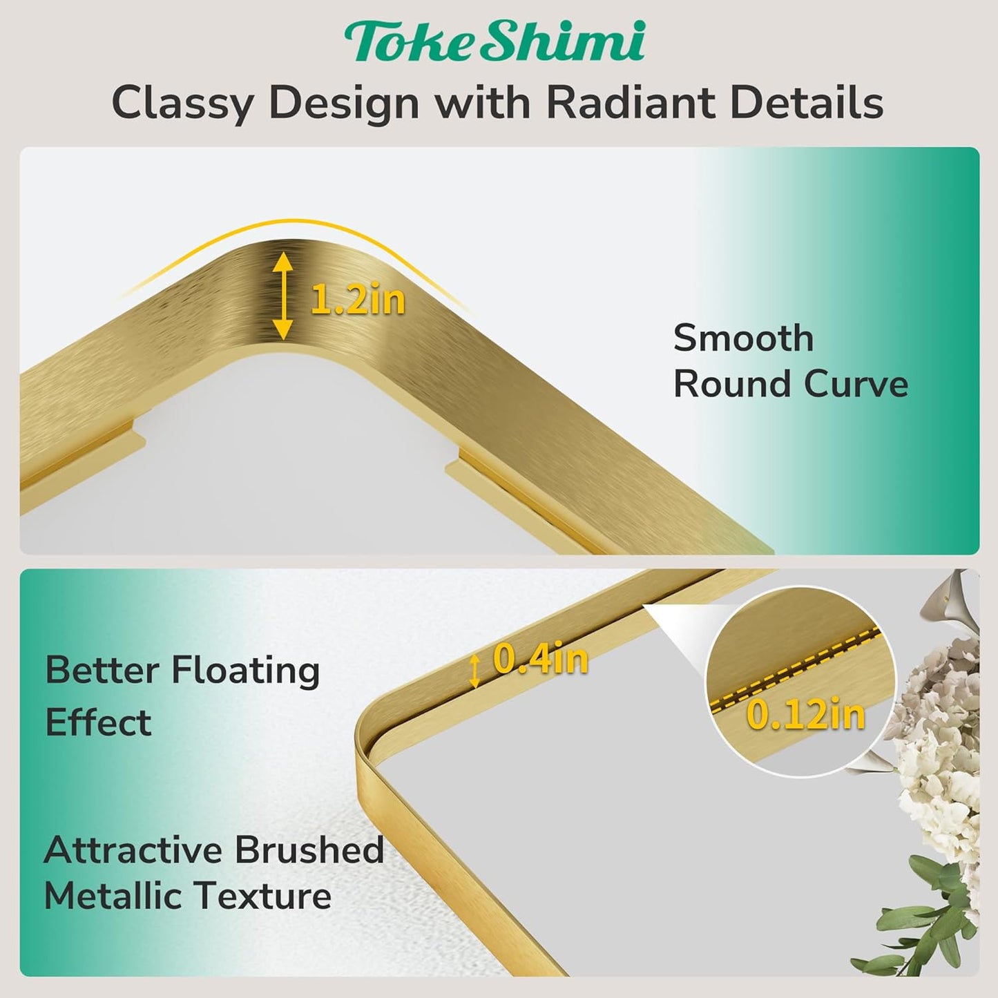 TokeShimi 48x36 Gold Bathroom Mirror for Over Sink,Tempered Glass,Rectangle Mirror for Bathroom,Large Bathroom Mirror for Vanity(Horizontal/Vertical)