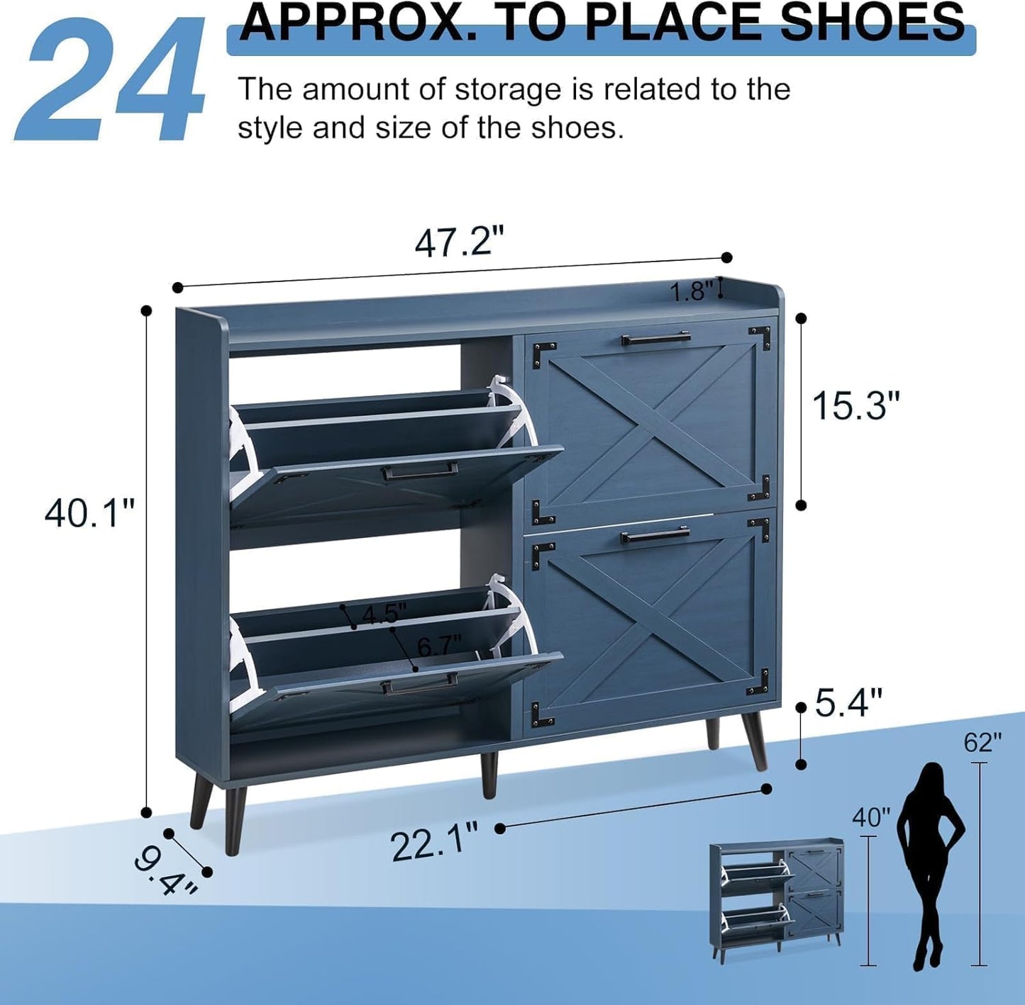 Shoe Storage Cabinet,Farmhouse Shoe Organizer with 4 Flip Drawers & Barn Door Design,Freestanding Hidden Slim Narrow Shoe Rack Cabinet for Entryway,Foyer,Hallway,Blue