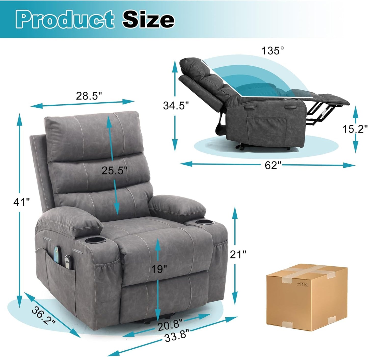 Recliner Chair Power Lift Massage Chair Full Body 21" Large Size Electric Recliner with 8 Point Vibration Massage and Lumber Heat, Remote Control, Side Pockets and Cup Holders, Grey