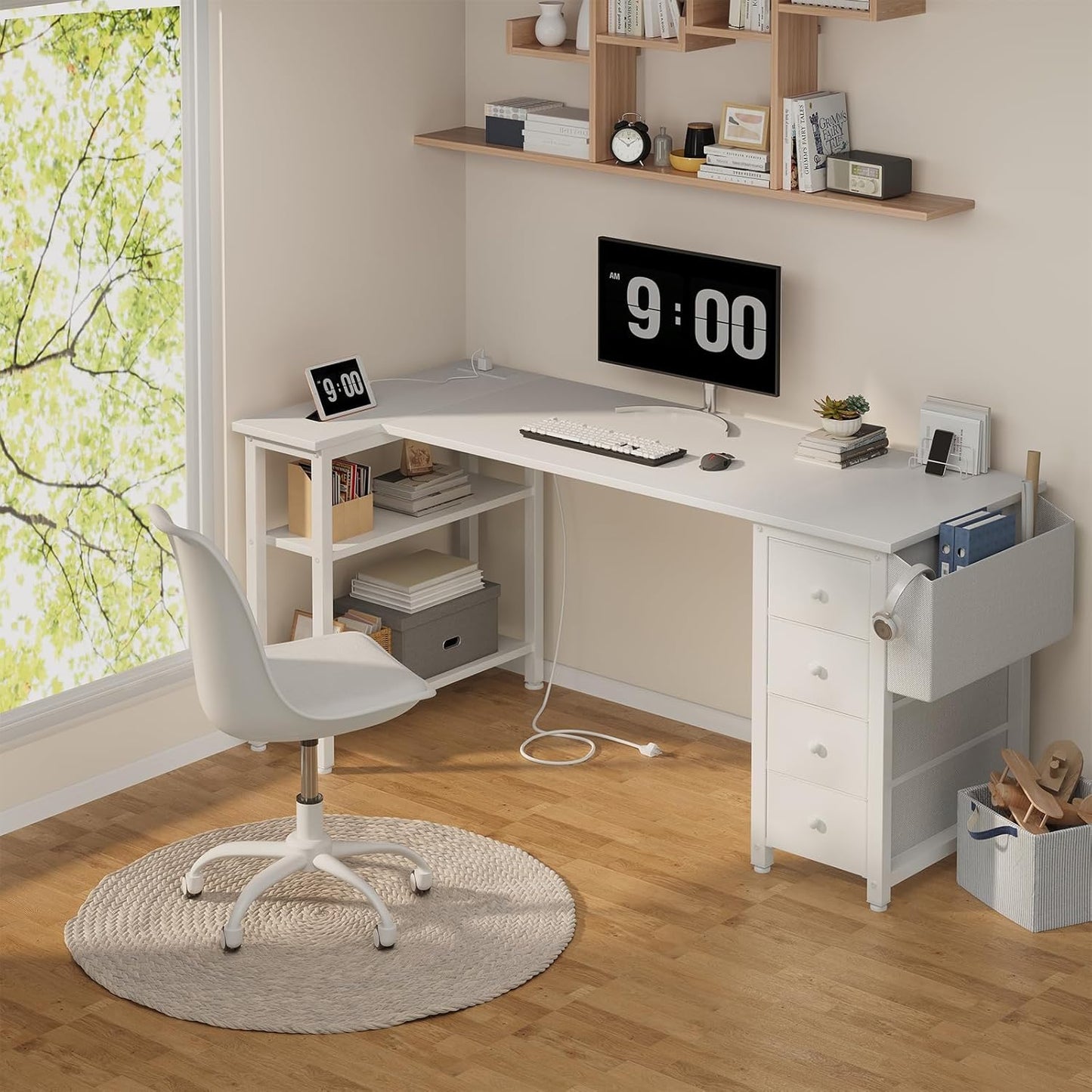 Lufeiya White L Shaped Computer Desk with Drawers & Storage Shelves, 63 Inch Reversible Corner Desk with Power Outlet for Home Office Bedroom, L-Shaped Teen PC Desks with Fabric Drawer, White