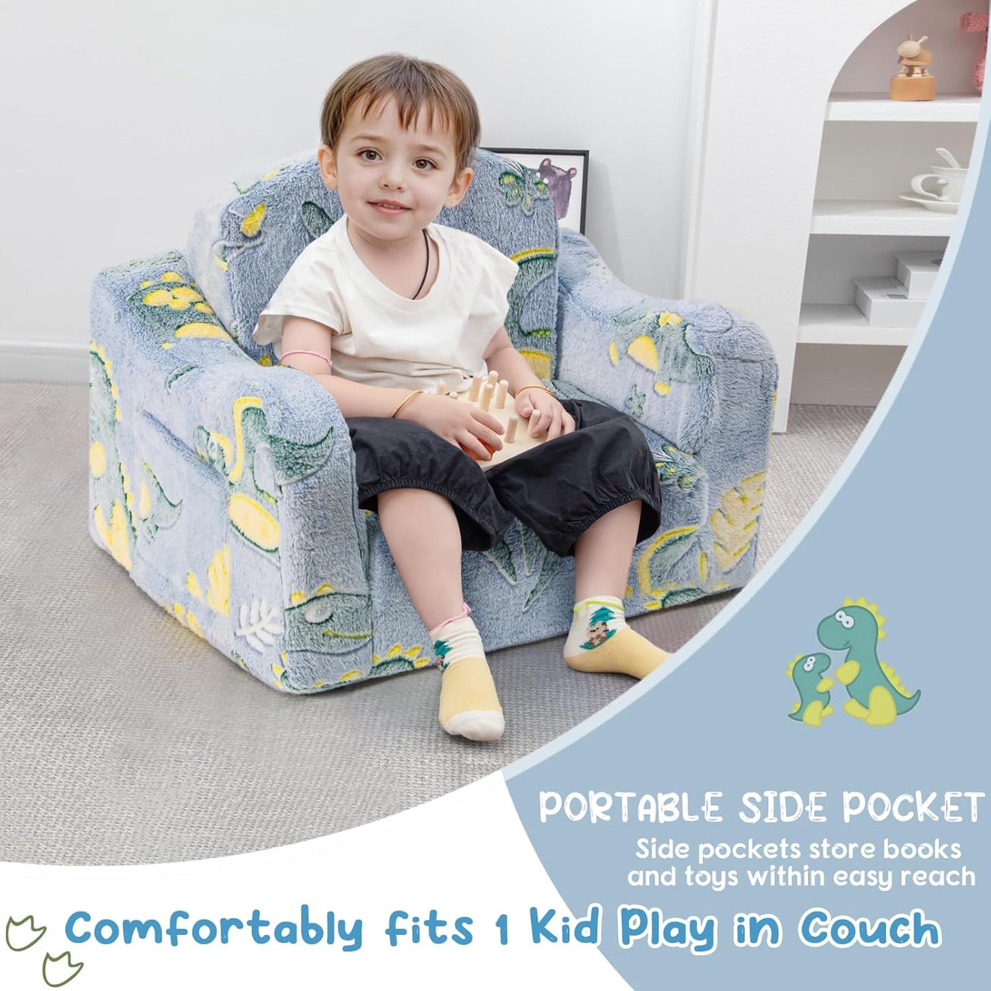 Comfy Toddler Chair and Couch for Kids with Blanket,2-in-1 Soft Plush Fold Out Toddler Couch for Girls and Boys,Convertible Sofa to Lounger for Playroom, Dinosaur