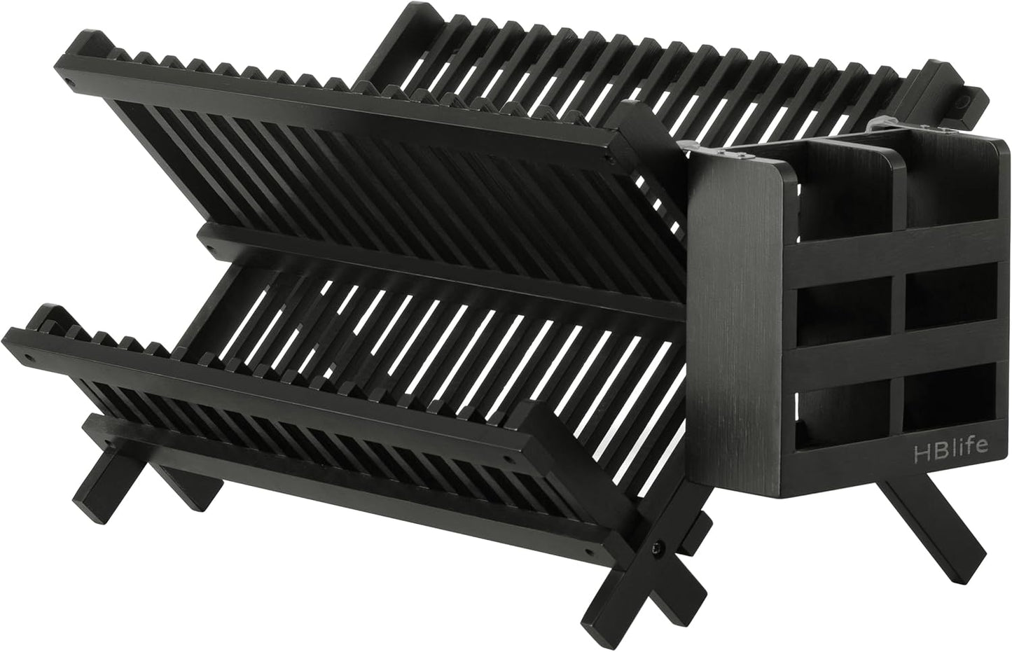 HBlife Dish Rack, Black Bamboo Folding 2-Tier Collapsible Drainer Dish Drying Rack with Utensils Flatware Holder Set (Dish Rack with Utensil Holder)