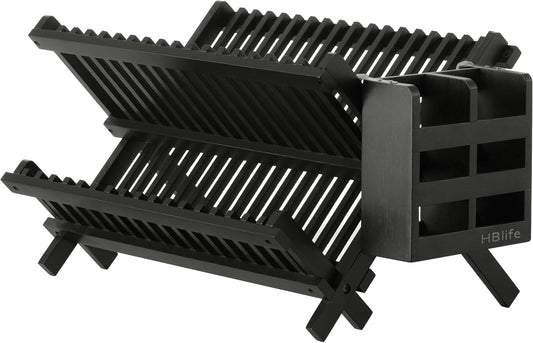HBlife Dish Rack, Black Bamboo Folding 2-Tier Collapsible Drainer Dish Drying Rack with Utensils Flatware Holder Set (Dish Rack with Utensil Holder)