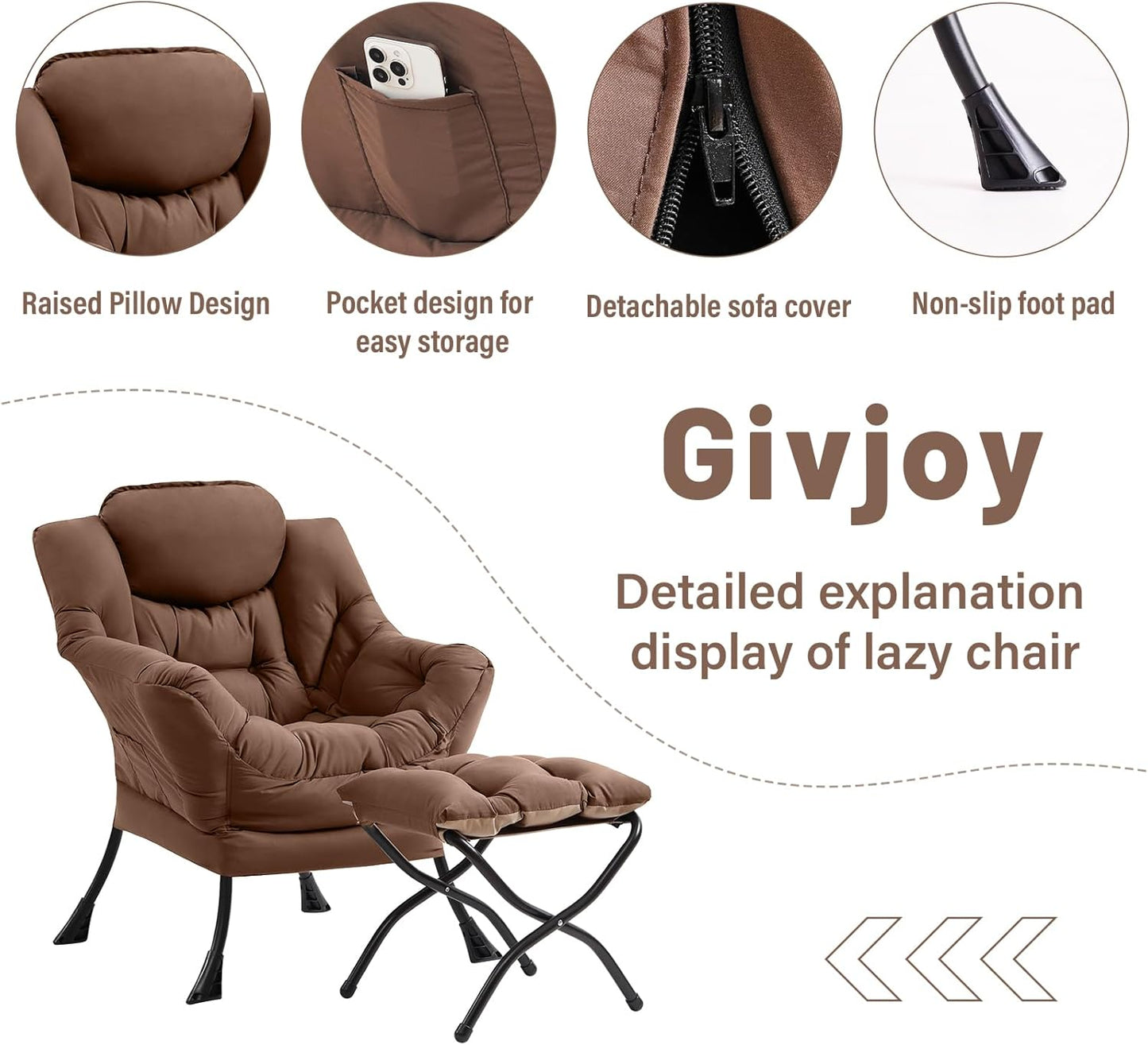 Cozy Lazy Chair and Ottoman, Large Contemporary Accent Lounge Chair Set, Leisure Upholstered Reading Armchair for Bedroom, Living Room, Dorm Rooms, Office