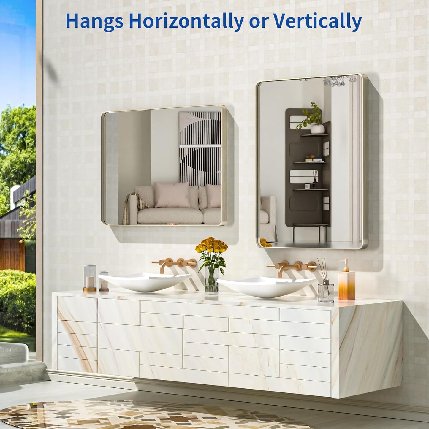 WEER 24X32 Inch Brushed Nickel Bathroom Mirror, Brushed Silver Metal Frame Mirror, Rounded Rectangle Silver Bathroom Vanity Mirror, Tempered Glass, Anti-Rust, Hangs Horizontally or Vertically