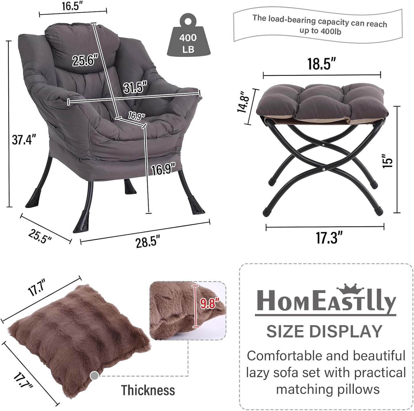 Large Lazy Chair with Ottoman, Accent Reading Chair with a Throw Pillow, Cozy Lounge Chair with Armrest, Leisure Sofa Chair for Living Room, Bedroom, Dorm, Shadow Grey