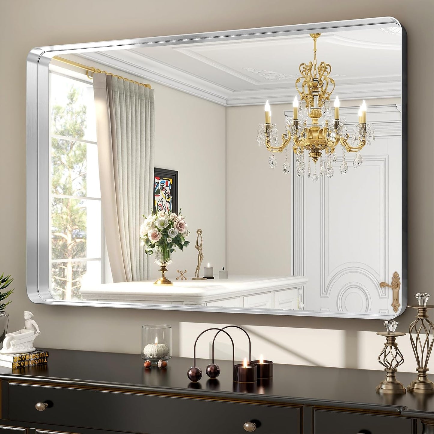 Silver Bathroom Mirror for Wall, 40x30 Inch Rectangular Aluminum Alloy Framed Mirror, Modern Wall Mounted Vanity Mirror for Bathroom, Vertical or Horizontal