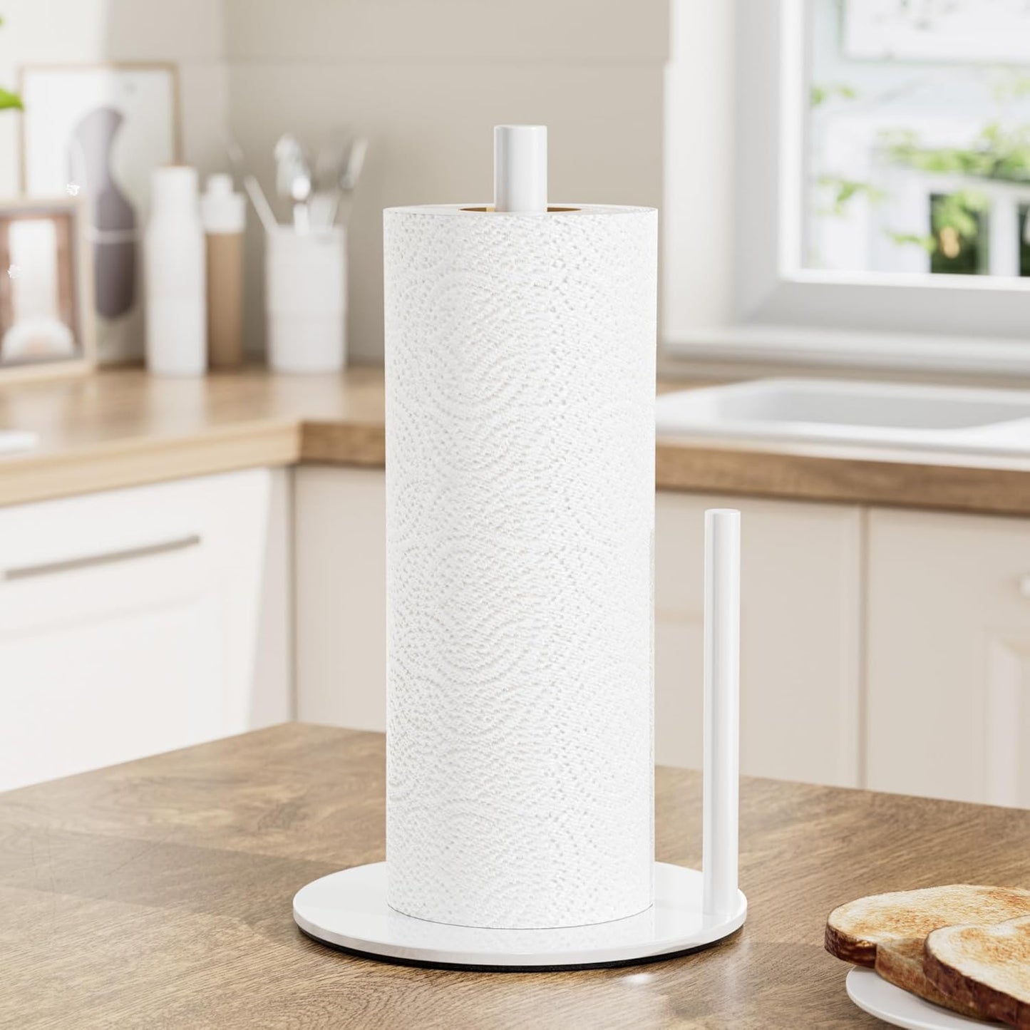 Paper Towel Holder White Kitchen Roll Holder, Paper Towel Holder for Kitchen Roll Organize, Countertop Roll Dispenser with Weighted Base