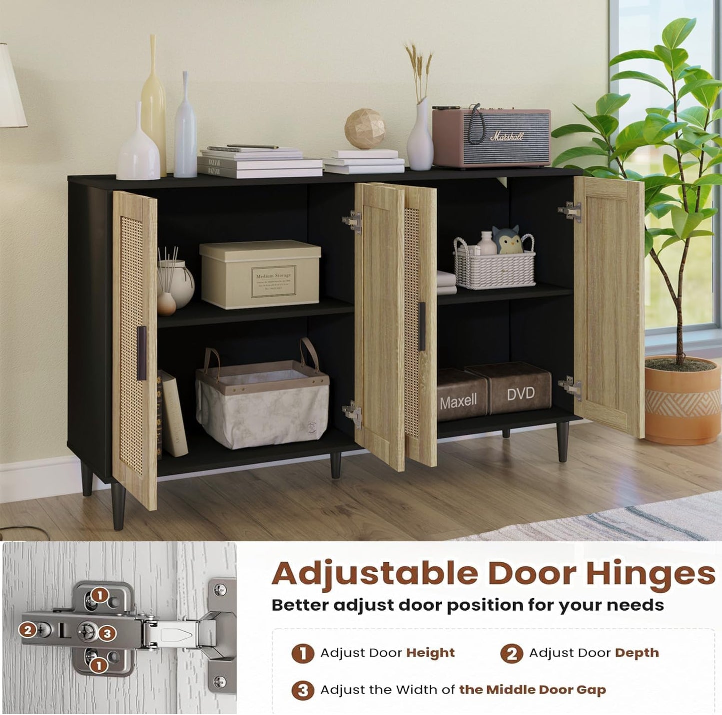 Black Buffet Sideboard,Kitchen Storage Cabinet with 4 Rattan Decorated Doors,Coffee Bar Cabinet with Adjustable Shelves for Living Room,Hallway