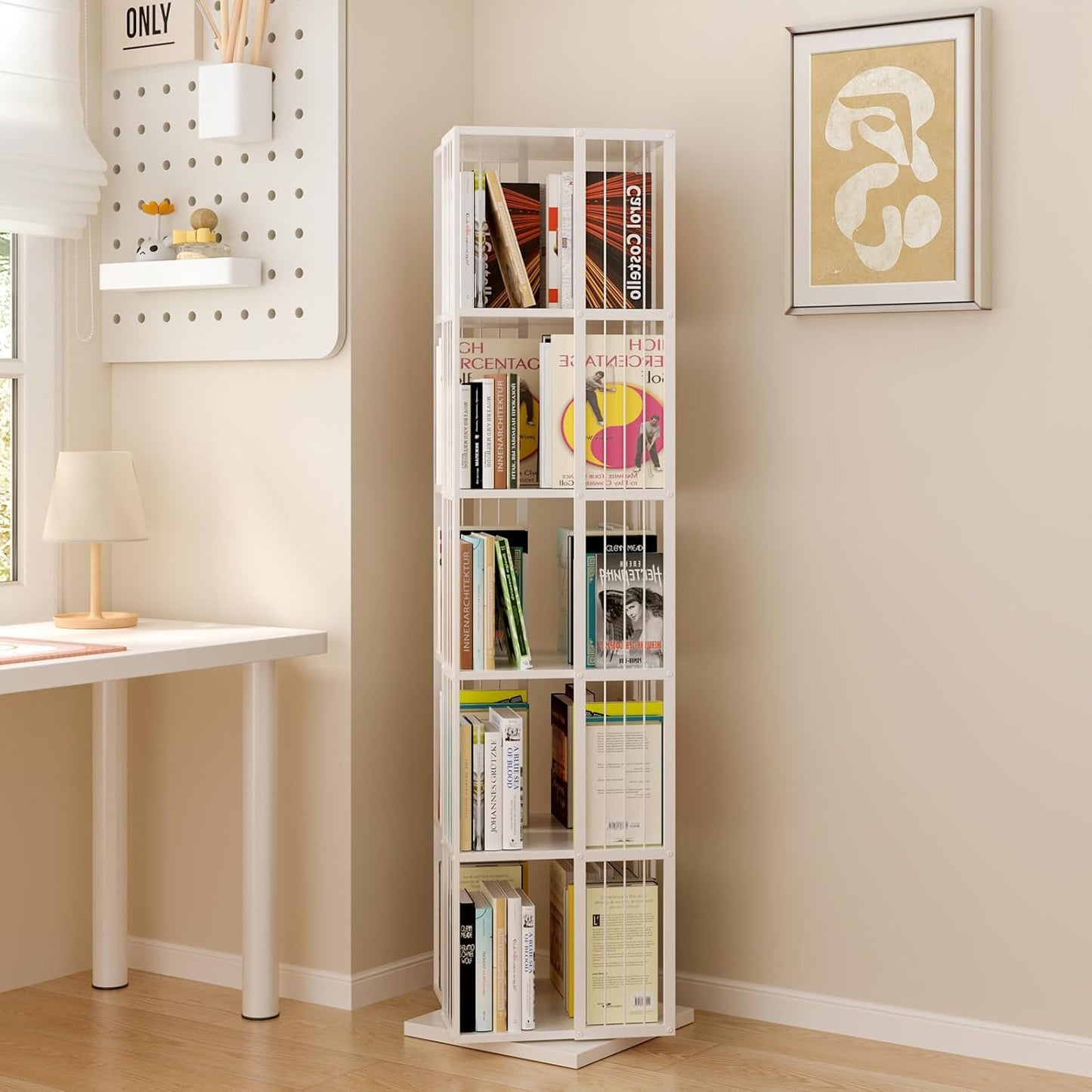 Square Rotating Bookshelf Tower - 360 Spinning Display Corner Bookcase for Narrow Space, Modern 5-Tier Revolving Storage Shelf, White