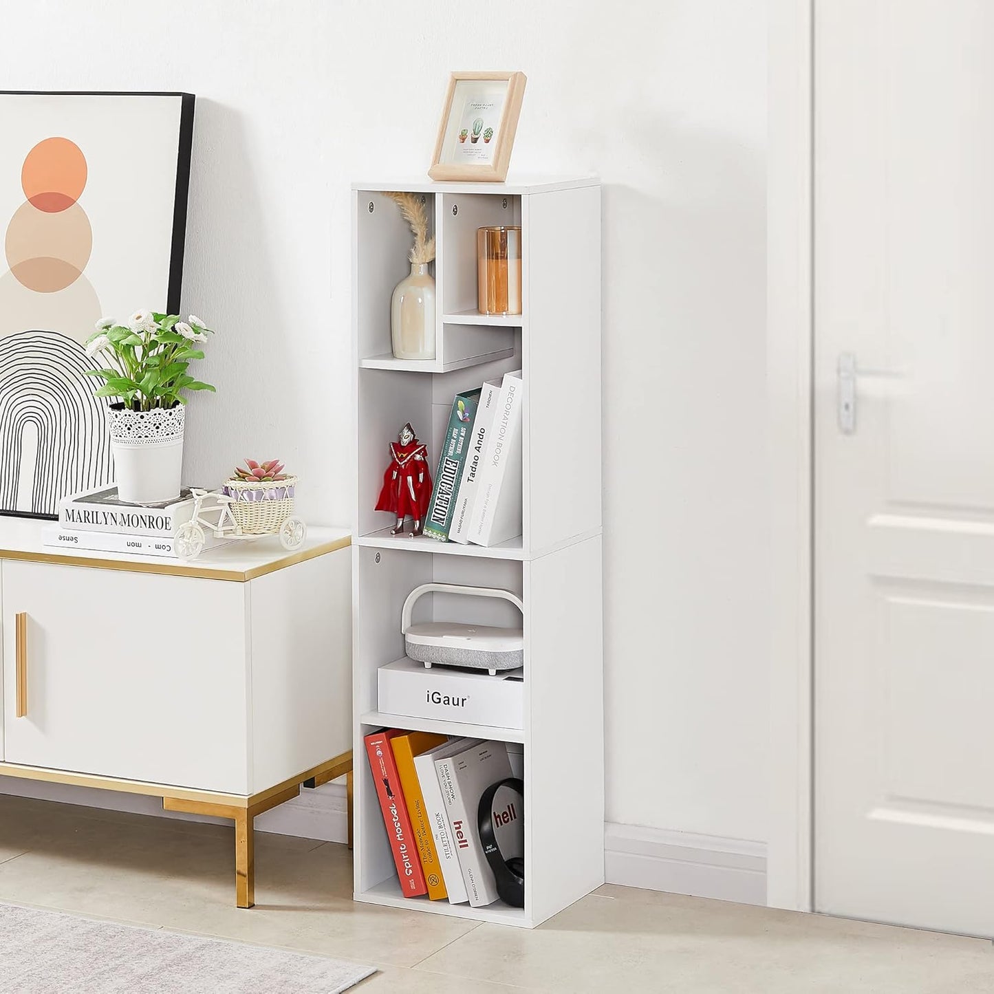 VECELO Small White Bookshelf, 5 Cube Slim Bookcase, Fits Tallest Hardcovers, Horizontal Available, Modern Floor Standing Unit, Each Shelf Hold Up to 66 LBS,Pearl White