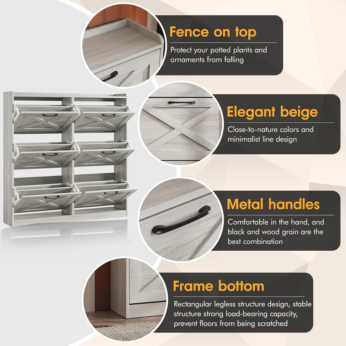 Maupvit Large Shoe Storage Cabinet with 6 Flip Drawers, Freestanding Shoe Organizer with Metal Handles for Entryway, Narrow Shoe Rack Cabinet, Beige