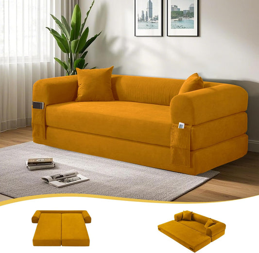 80" Convertible Sofa Bed, 3-in-1 Corduroy Folding Pull Out Couch with Pillows, No Assembly Modern Boneless Couch Compression Sofa in Box, Floor Sofa with Side Storage Pocket for Living Room, Yellow