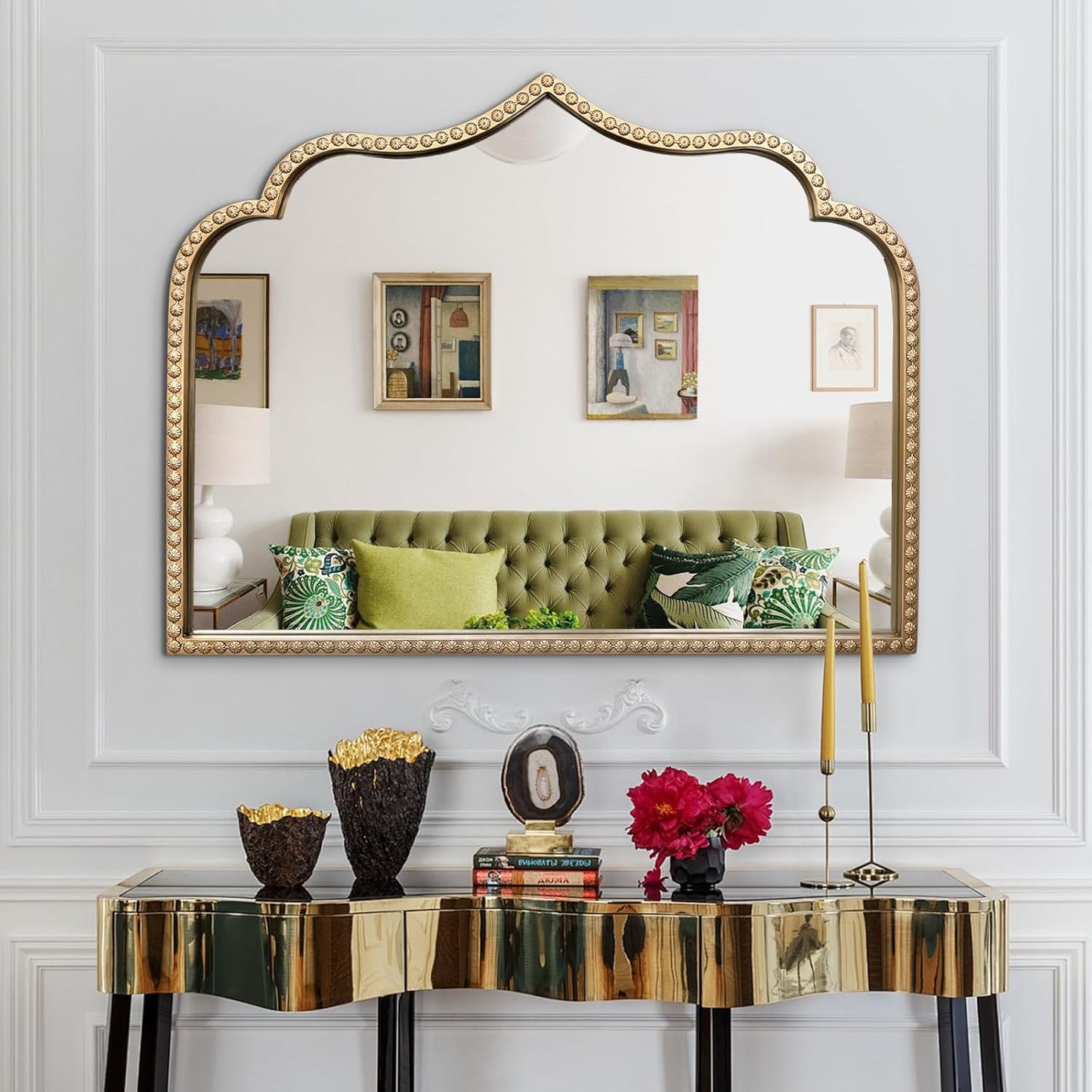 Gold Arched Mirror, 36"x28" Arch Vanity Mirrors for Bathroom, Metal Beaded Frame Ornate Decorative Mirror, Scalloped Vintage Mirrors for Fireplace Bedroom Living Room Entryway Hallway