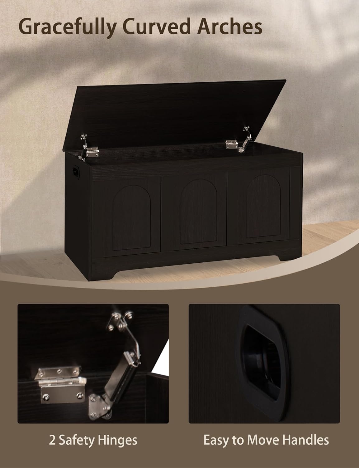 DINZI LVJ Storage Chest, 39.4” Wooden Toy Box with 2 Safety Hinges, Entryway Shoe Bench with Flip-Top, Sturdy Large Storage Trunk for Living Room, Bedroom, Playroom, Easy Assembly, Espresso