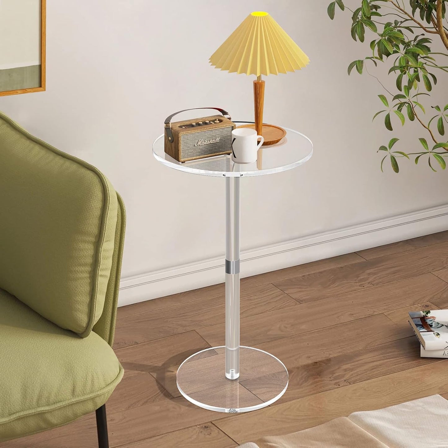 Acrylic End Table, Clear Side Tables for Small Space, 11.8" Round Modern Drink Table for Living Room, Bedroom, Bathroom, Office, Outdoor, Business, Sturdy and Easy to Install (Large)