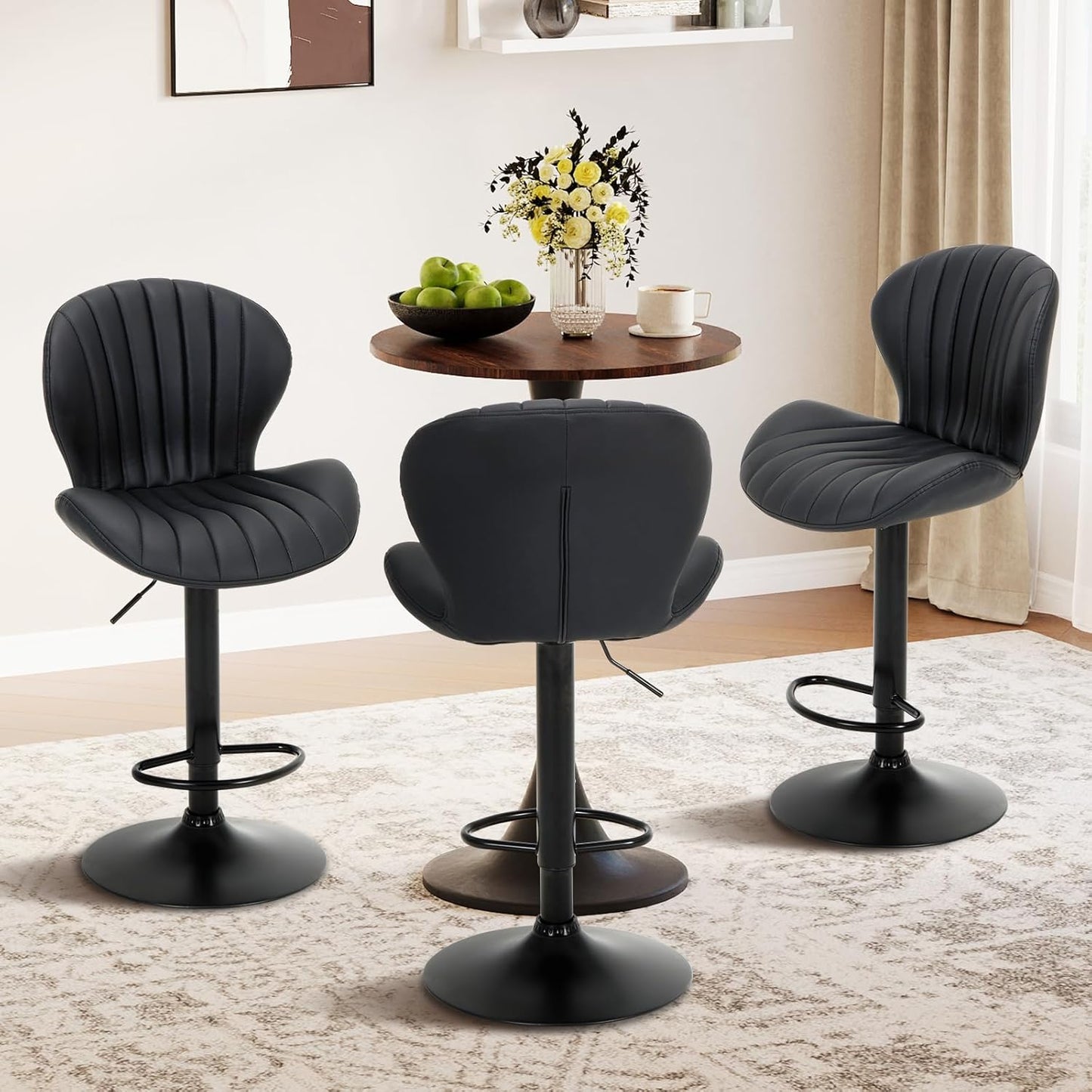 COLAMY Bar Stools Set of 6, Modern Swivel Bar Chairs, Adjustable Faux Leather Upholstered Barstools Counter Height with High Backrest for Bar, Kitchen Island, Dining Room, Black