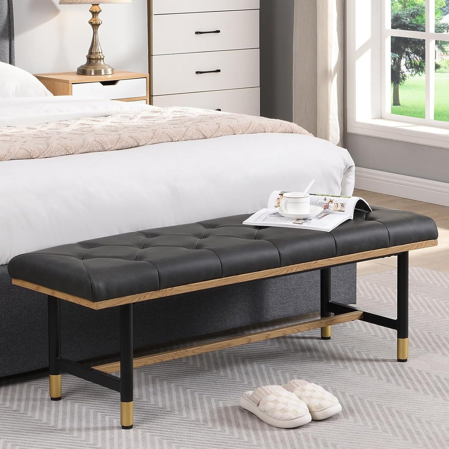 Shoe Bench Entryway, End of Bed Bench, Bench for Bedroom End of Bed, Modern Faux Leather Bench for Living Room, Entryway Bench Seat, Padded Bench with Solid Metal Shelf Gold, Grey