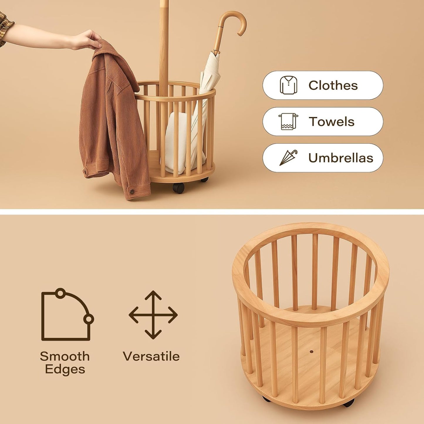 CozyDH Solid Wood Coat Rack Freestanding with Lockable 360° Rotary Casters, Coat Tree Stand with Umbrella Holder & Laundry Basket Storage & 12 Hooks, Natural