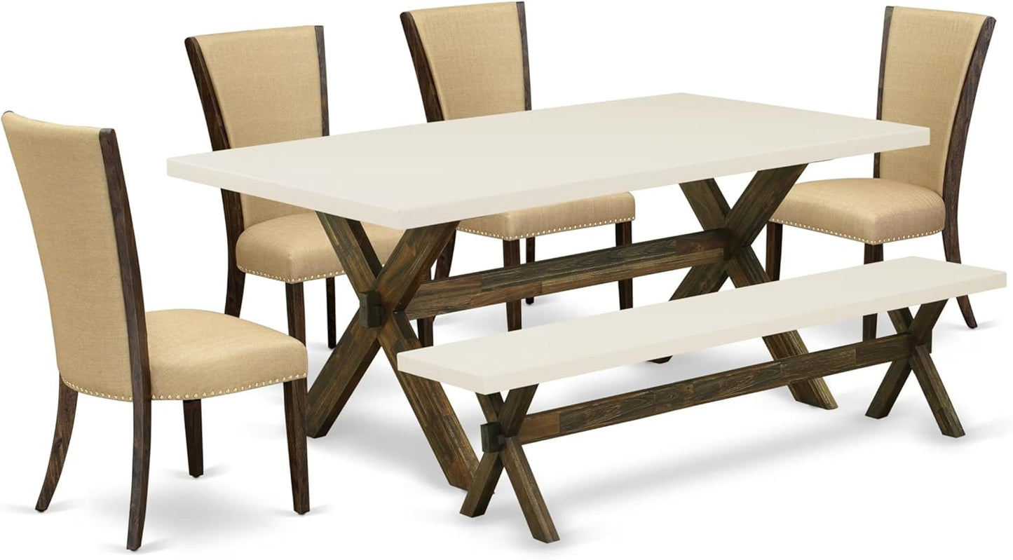 East West Furniture X727VE703-6 6 Piece Dining Room Table Set Contains a Rectangle Kitchen Table with X-Legs and 4 Brown Linen Fabric Parson Chairs with a Bench, 40x72 Inch, Multi-Color