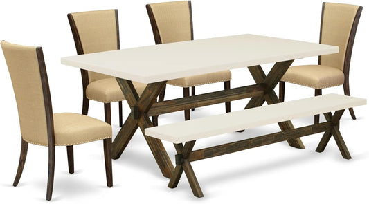 East West Furniture X727VE703-6 6 Piece Dining Room Table Set Contains a Rectangle Kitchen Table with X-Legs and 4 Brown Linen Fabric Parson Chairs with a Bench, 40x72 Inch, Multi-Color