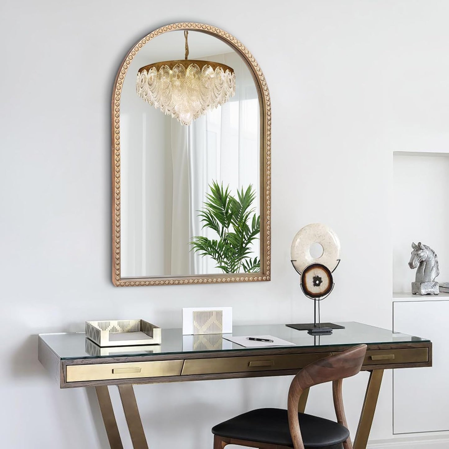 Gold Arched Mirror, 24"x36" Arch Vanity Mirrors for Bathroom, Metal Beaded Frame Decorative Accent Mirror, Ornate Vintage Mirrors for Fireplace Bedroom Living Room Hallway Entryway