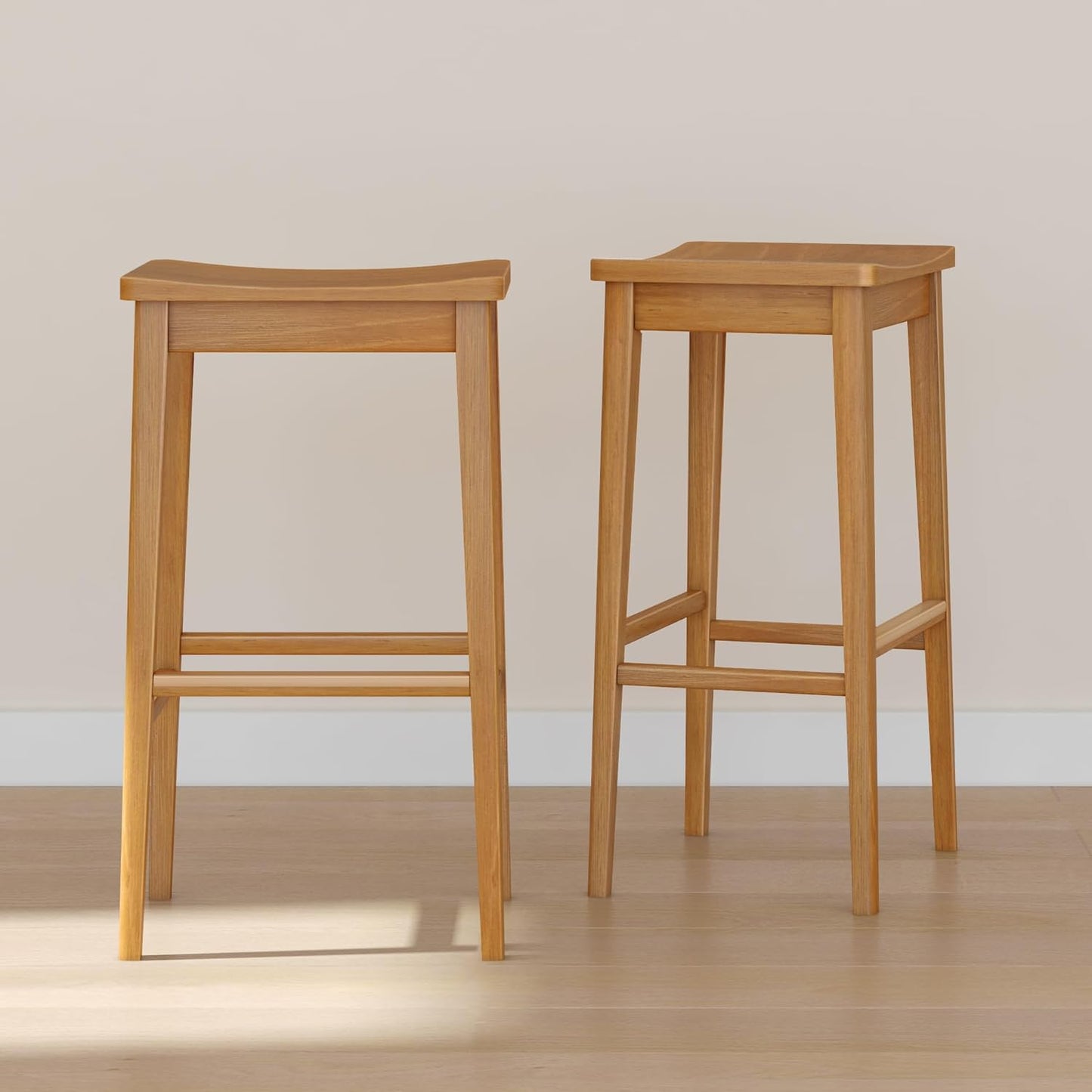 Plank+Beam Smythe Bar Stool, Set of 2, 30", Sturdy Wood Modern Kitchen Bar Height Stool, Saddle Seat Backless Bar Chair, Metal Footrest, Pecan