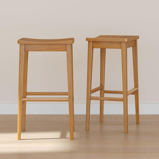 Plank+Beam Smythe Bar Stool, Set of 2, 30", Sturdy Wood Modern Kitchen Bar Height Stool, Saddle Seat Backless Bar Chair, Metal Footrest, Pecan
