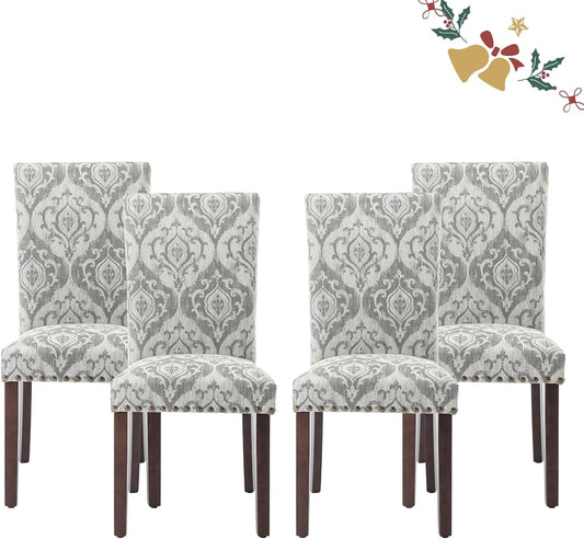 Parsons Dining Chairs Set of 4, Upholstered Nailhead Dining Room Kitchen Side Chair with Thick Cushions and Wood Legs, White/Grey