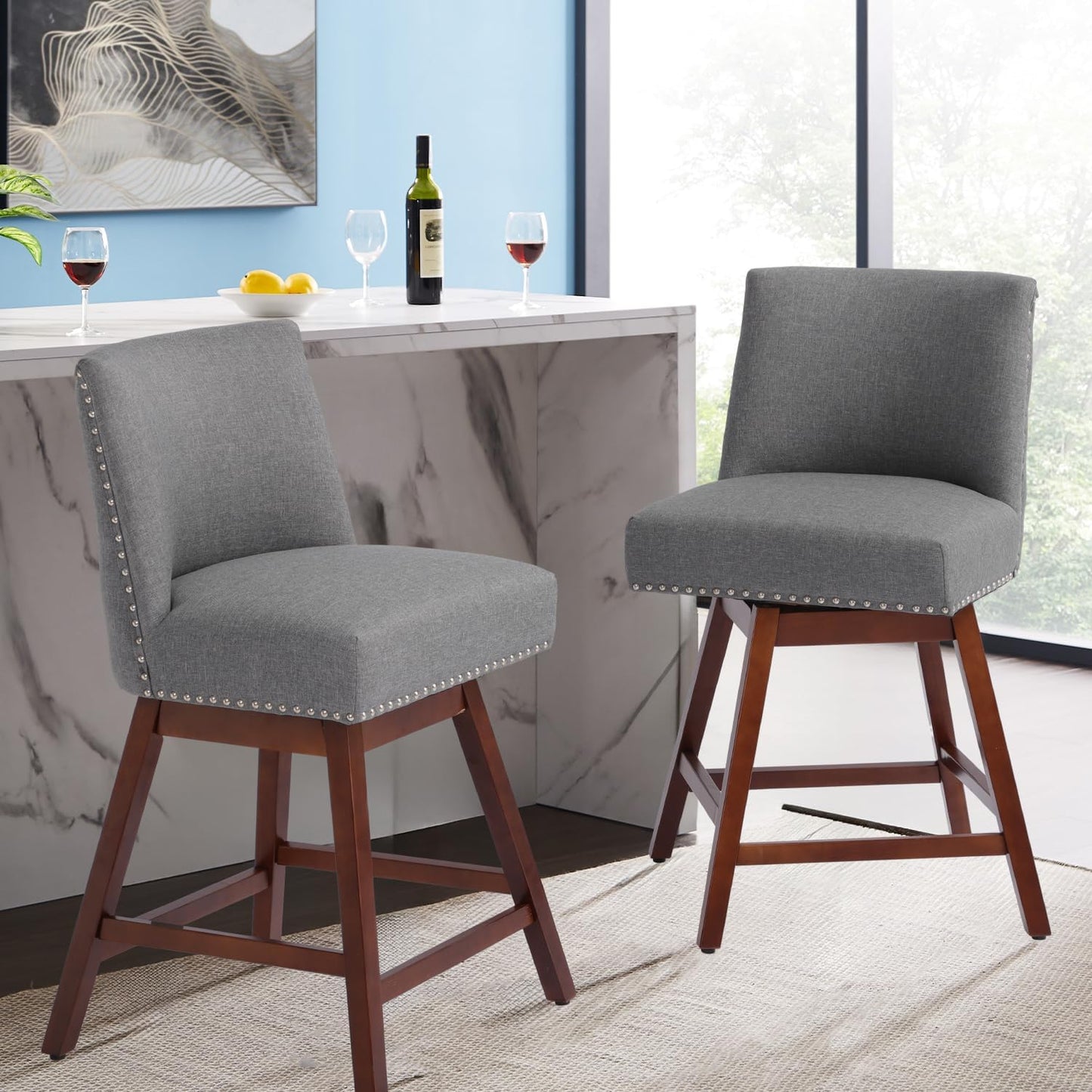 Counter Height Barstools Set of 6,360° Swivel Bar Stools with Back,26 inch Modern Counter barstools,Upholstered Bar Tall Stools for Kitchen Counter,Kitchen Island,Bar, Home (Dark Gray, SET OF 6)