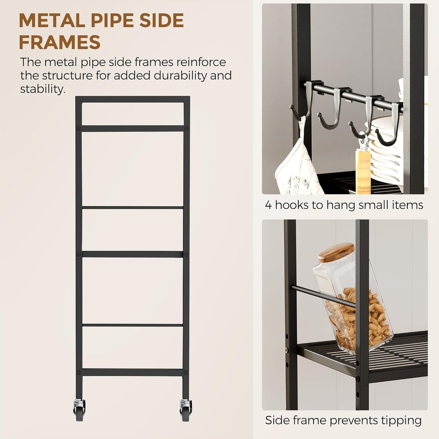 3-Tier Metal Storage Rack with Industrial Wheels,Mesh Shelving Unit with Wooden Table top,Adjustable Shelf,31.5-Inch Width, for Kitchen, Laundry,Pantry,Plant,Black