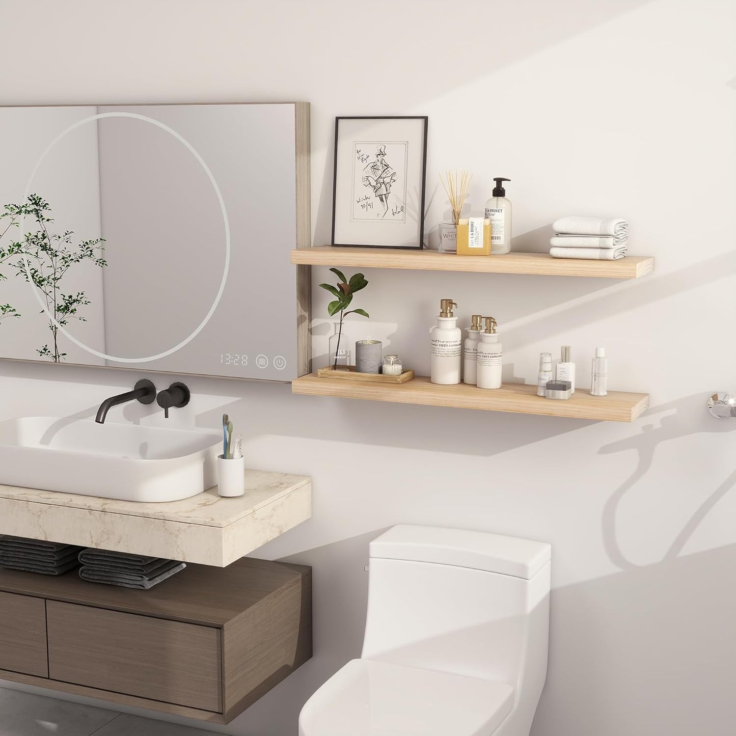 Heimlove Rustic Farmhouse Floating Shelves 36 inch,8 Inch Deep Solid Pine Wood Wall Shelf for Kitchen,Bathroom,Bedroom,Living Room,36" W x 8" D-Set of 2-Unfinished-DIY