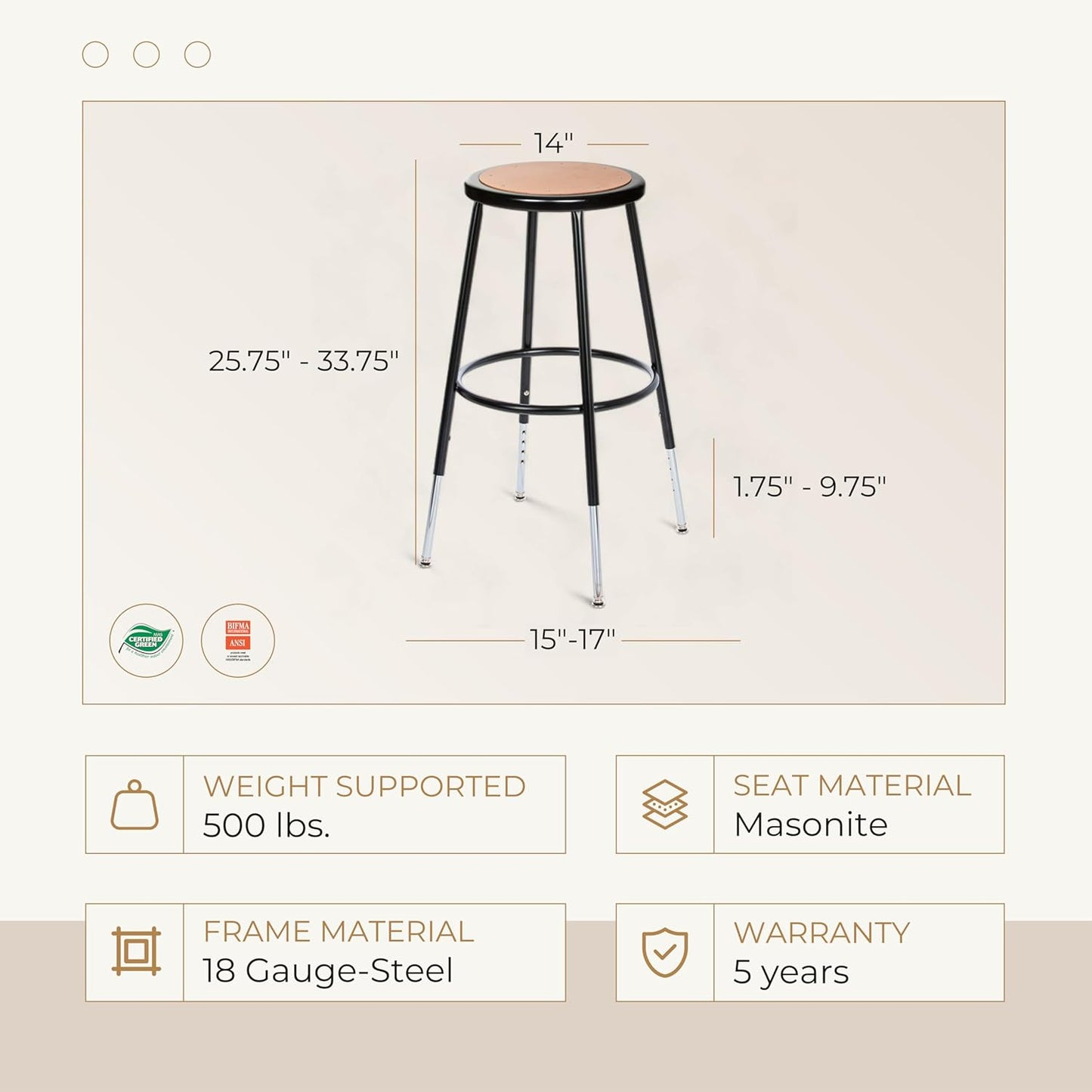 OEF Furnishings (2 Pack Height Adjustable Steel Stools, Black, 25-33"