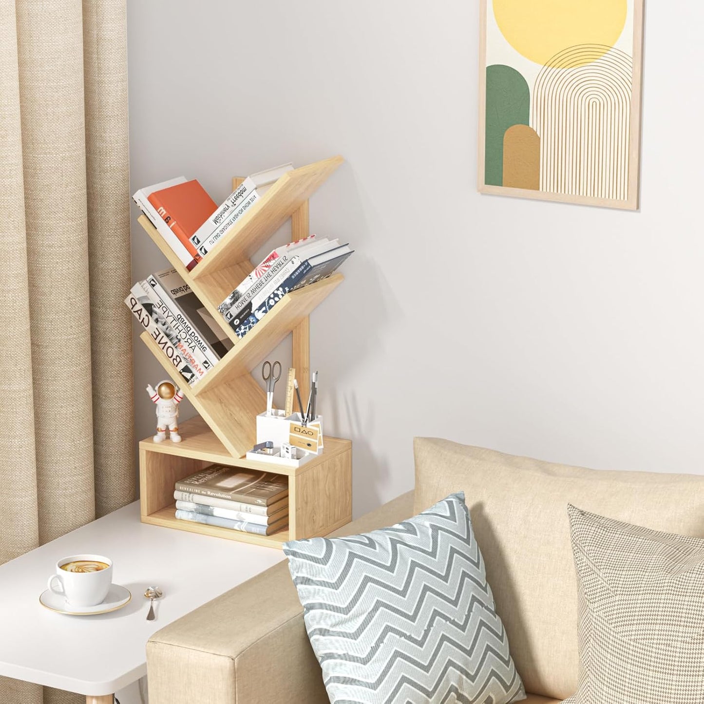 Small Tree Book Shelf,5 Tier Black Tree Bookshelf,Wood Desktop Bookcase,Modern Desk Display Storage Bookshelves,Floor Standing Organizer Bookcases for Living Room,Bedroom,Office