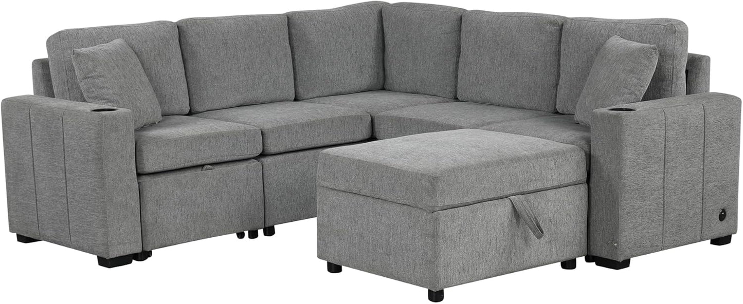 84.7" Symmetrical Convertible Sleeper Sectional Sofa Couch Bed for Living Room 4 Seater L Shaped Reversible Pull Out Sleeper Sofabed with Movable Ottoman ,2 Cup Holders ,USB Ports, Detachable Backrest